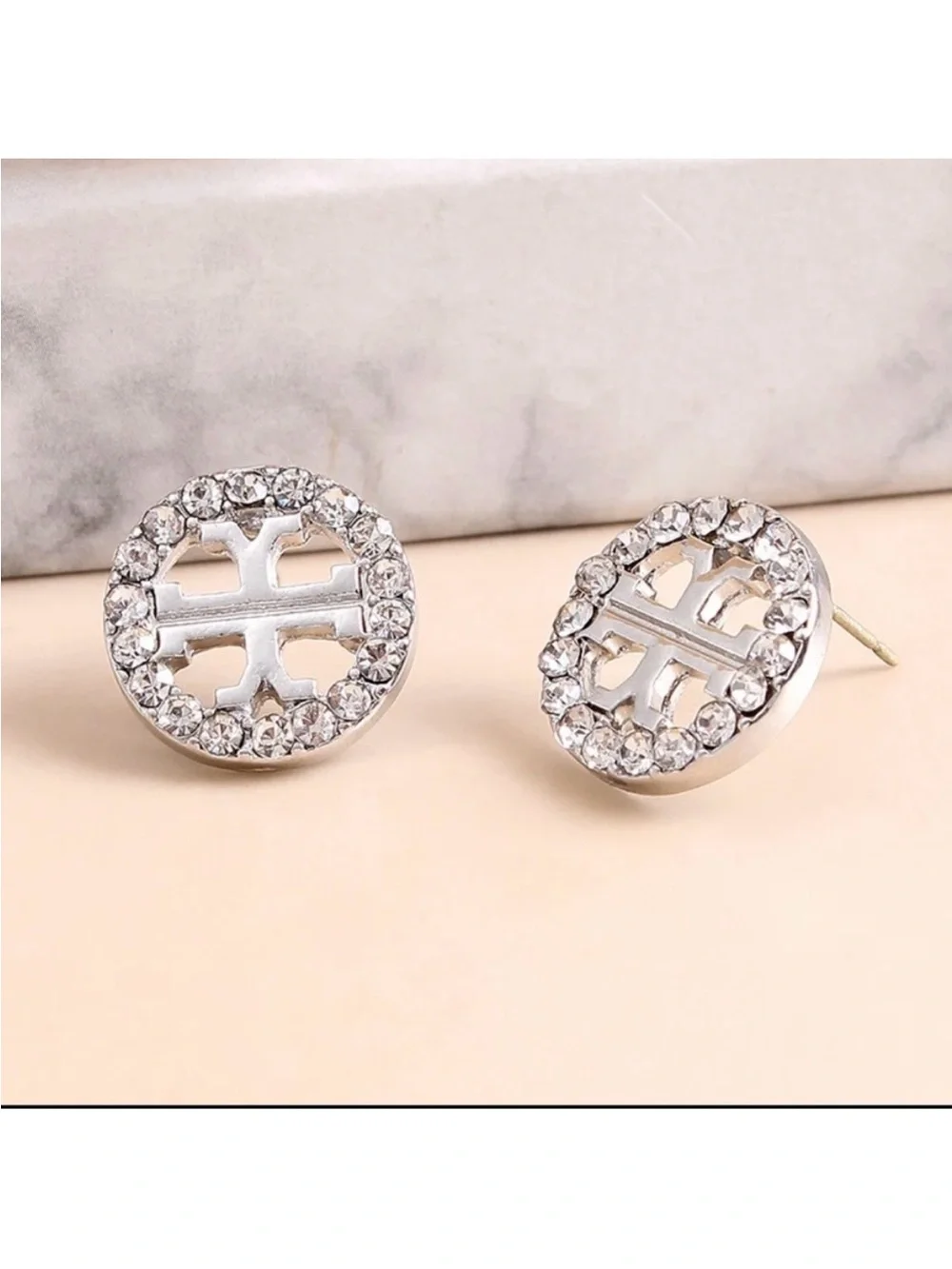 New! Tory Burch-Inspired Silver Reverse T QZ Earring Stud OS